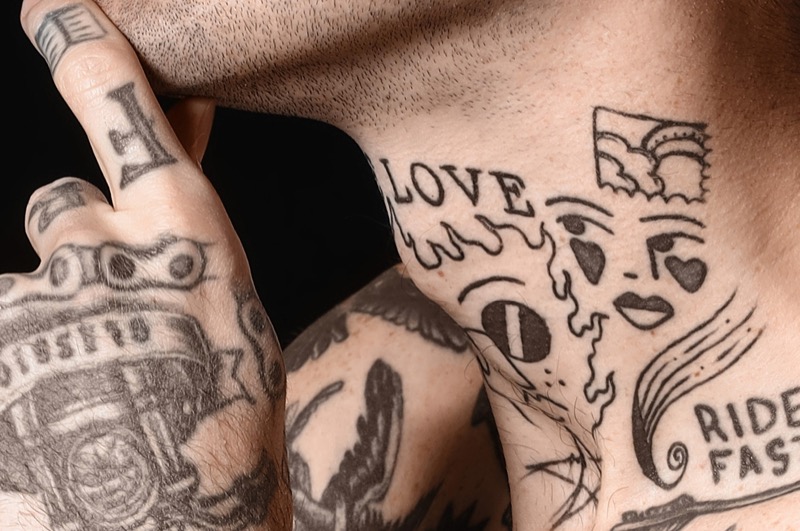 Collage front neck tattoo