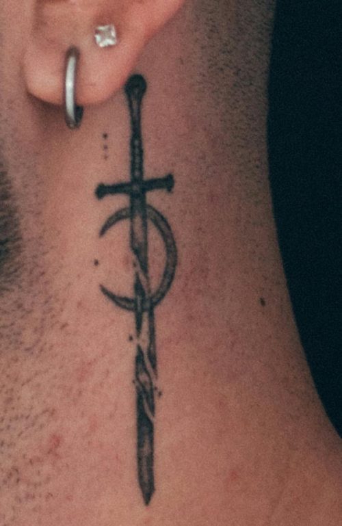 Dagger & Crescent Moon Neck Tattoo
