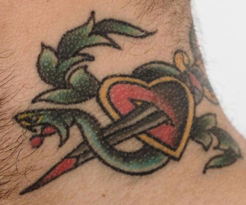Traditional Heart Dagger Snake Neck Tattoo