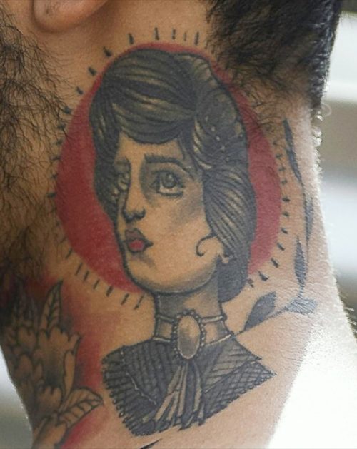 Traditional Lady Head Neck Tattoo