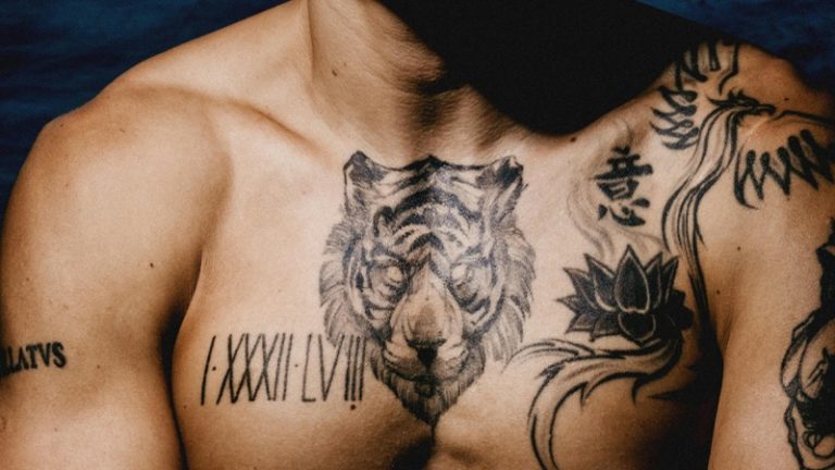 center chest tiger realism tattoo men