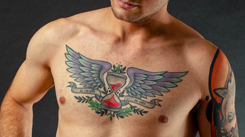 full chest neo traditional winged hourglass tattoo men