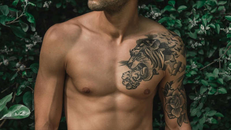 japanese tiger chest shoulder tattoo men