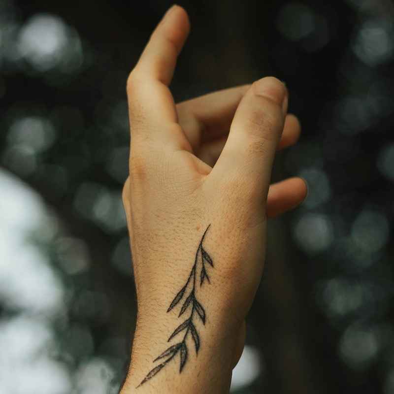 A single fine-line tattoo of a slim leafed branch running along the side of a man's hand, raised against a blurred green background.