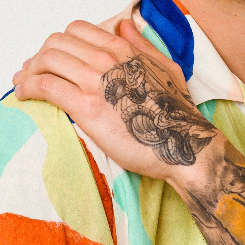 A detailed snake tattoo coiled across the back of a man's hand, with fine scale work and a raised head, set against a brightly patterned shirt.